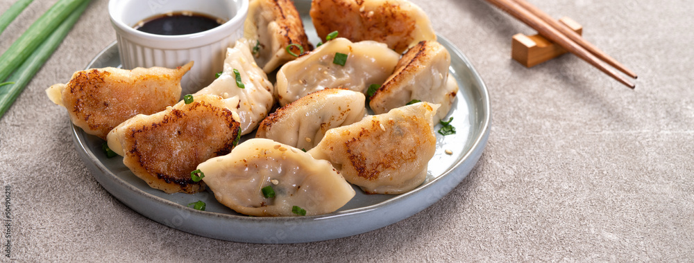 Pan-fried gyoza dumpling jiaozi in a plate with soy sauce on gray table background.