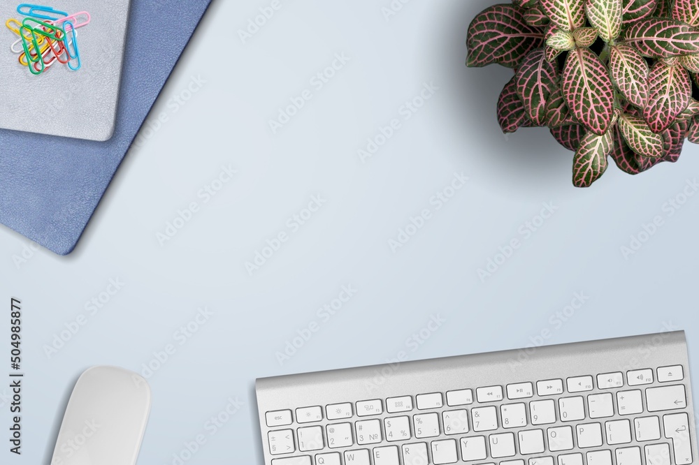 黄色花朵、键盘记事本和文具夹。蓝色粉彩背景。a的概念