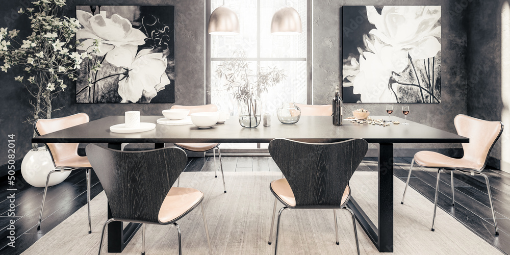 阁楼公寓内的餐厅-全景黑白3D可视化