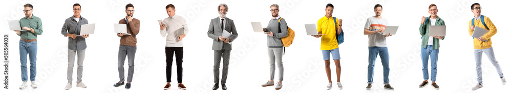 一群拿着笔记本电脑的男人被隔离在白色屏幕上