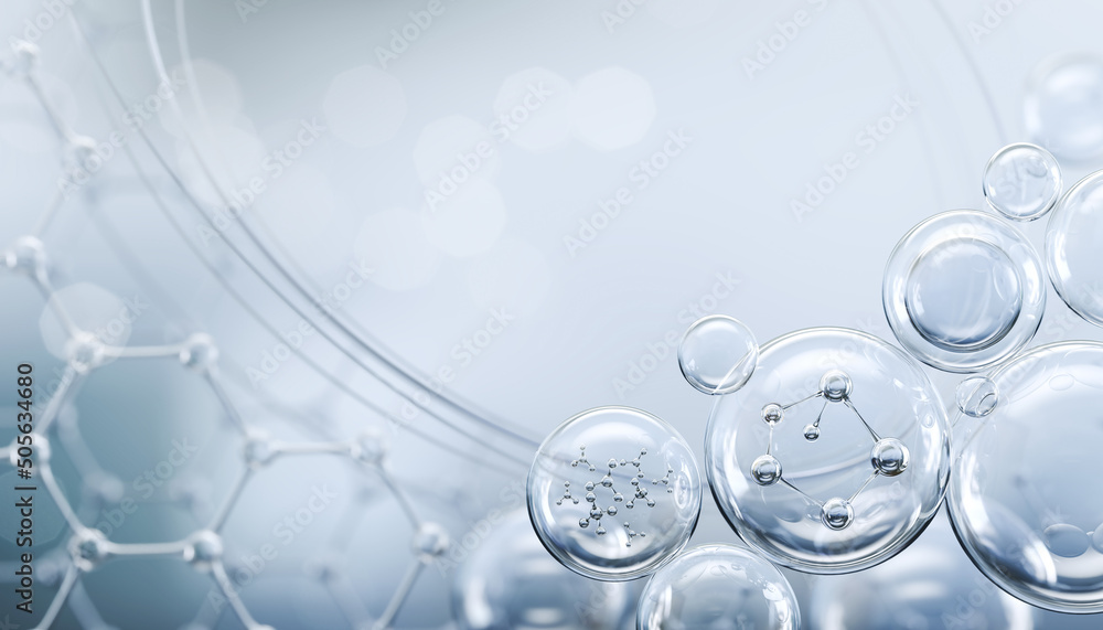 化妆品精华，液体气泡，水背景下液体气泡内的分子，三维渲染