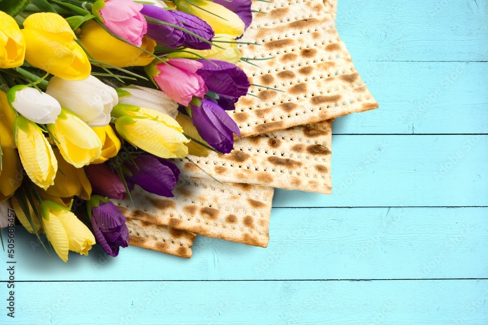 犹太节日。蓝色桌子上放着郁金香花的Matzah。