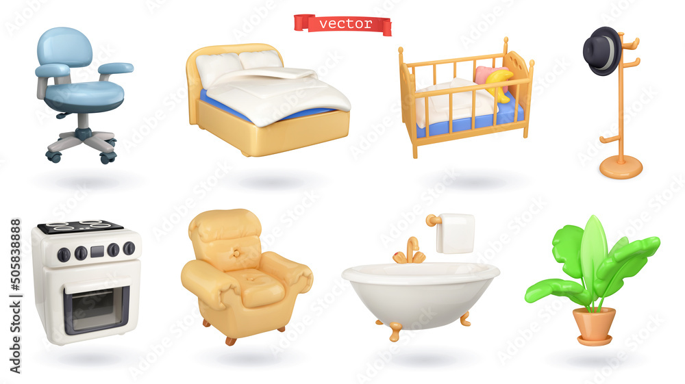 家具三维矢量图标集。卧室、儿童房、走廊、厨房、大厅、浴室、花园，共个