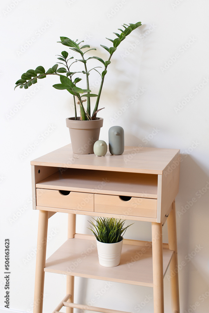 靠近浅色墙壁的带室内植物和装饰的立式办公桌