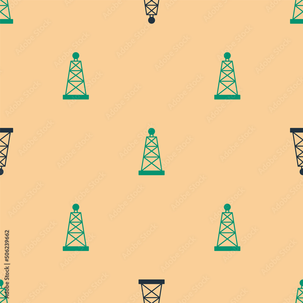 米色背景上的绿色和黑色石油钻机图标隔离无缝图案。天然气塔。工业ob