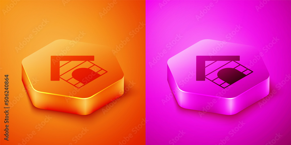 Isometric Dog house icon isolated on orange and pink background. Dog kennel. Hexagon button. Vector