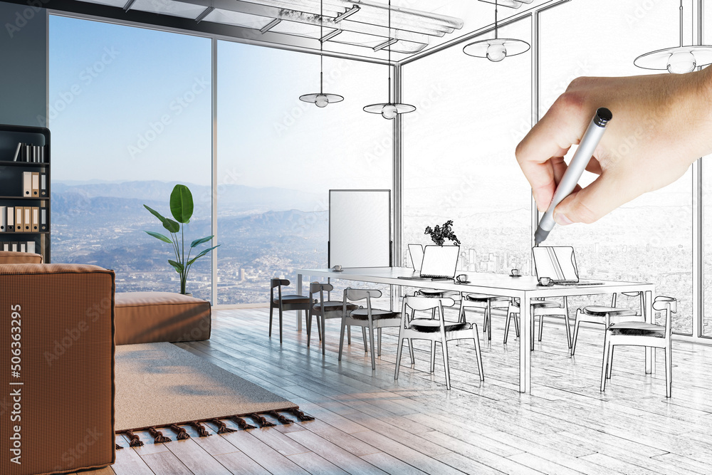 Hand drawing contemporary loft office interior with furniture, equipment and panoramic city view wit