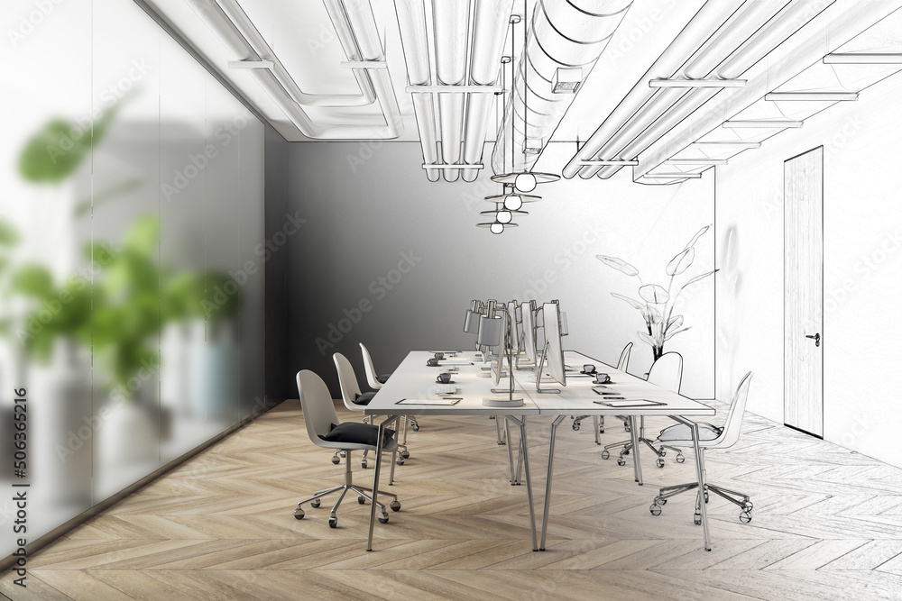Hand drawn sketch of modern coworking office interior with equipment, furniture, decorative plants a