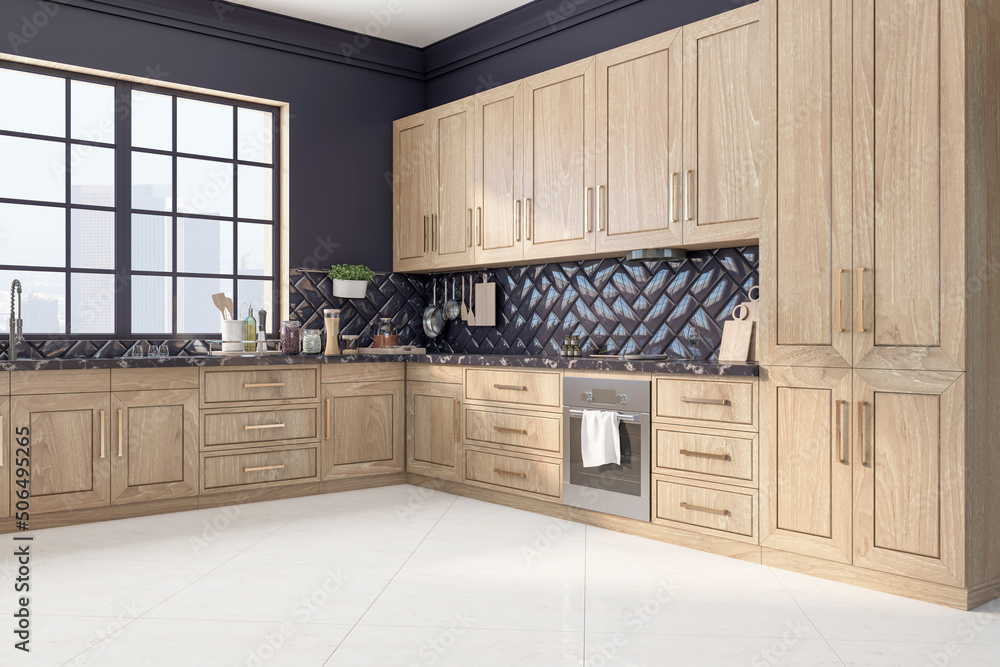 生态风格木制厨房侧视图，位于宽敞的房间内，浅色大理石地板，大方形风