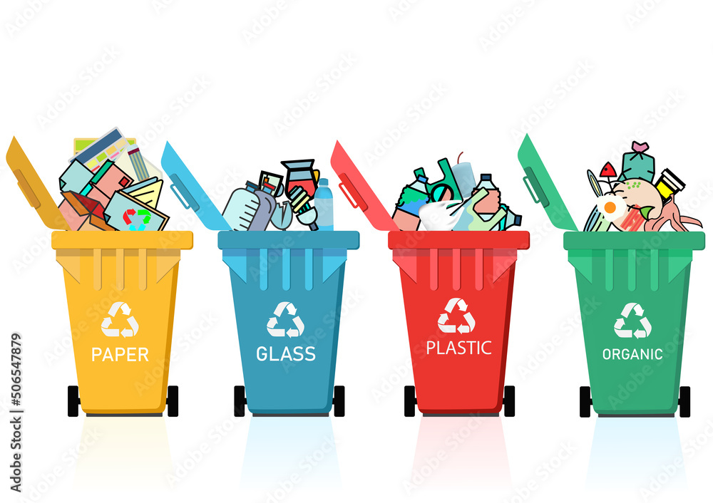 关闭垃圾回收箱。污染问题，环境，拯救世界。矢量护理回收