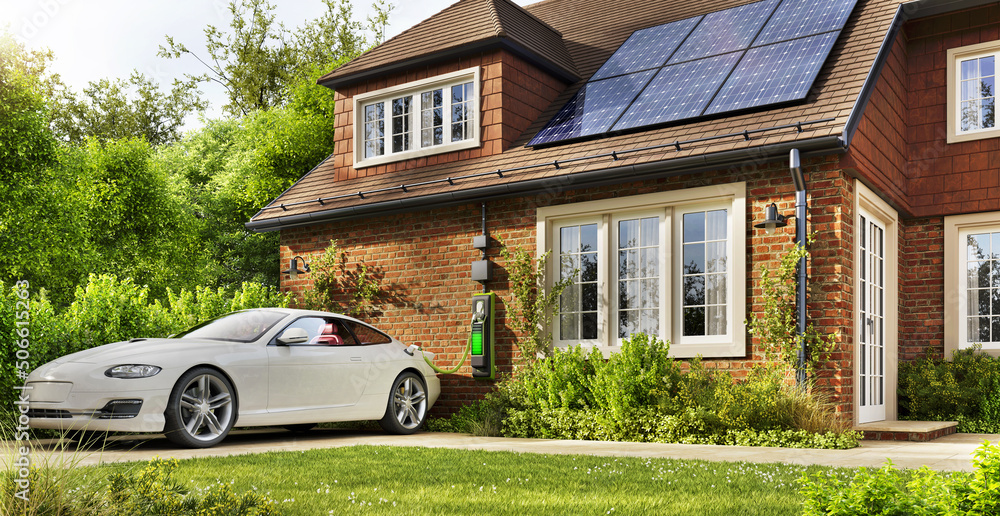 美丽的房子，配有太阳能电池板和电动汽车