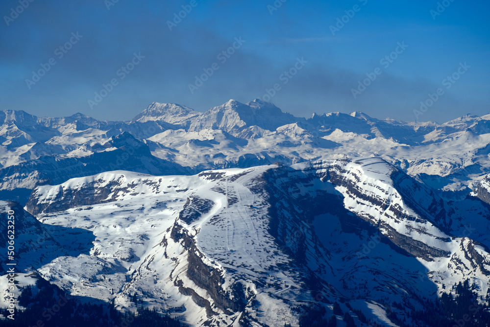 Aerial view over the Swiss Alps with Churfirsten and Toggenburg Valley seen from Säntis peak at Alps