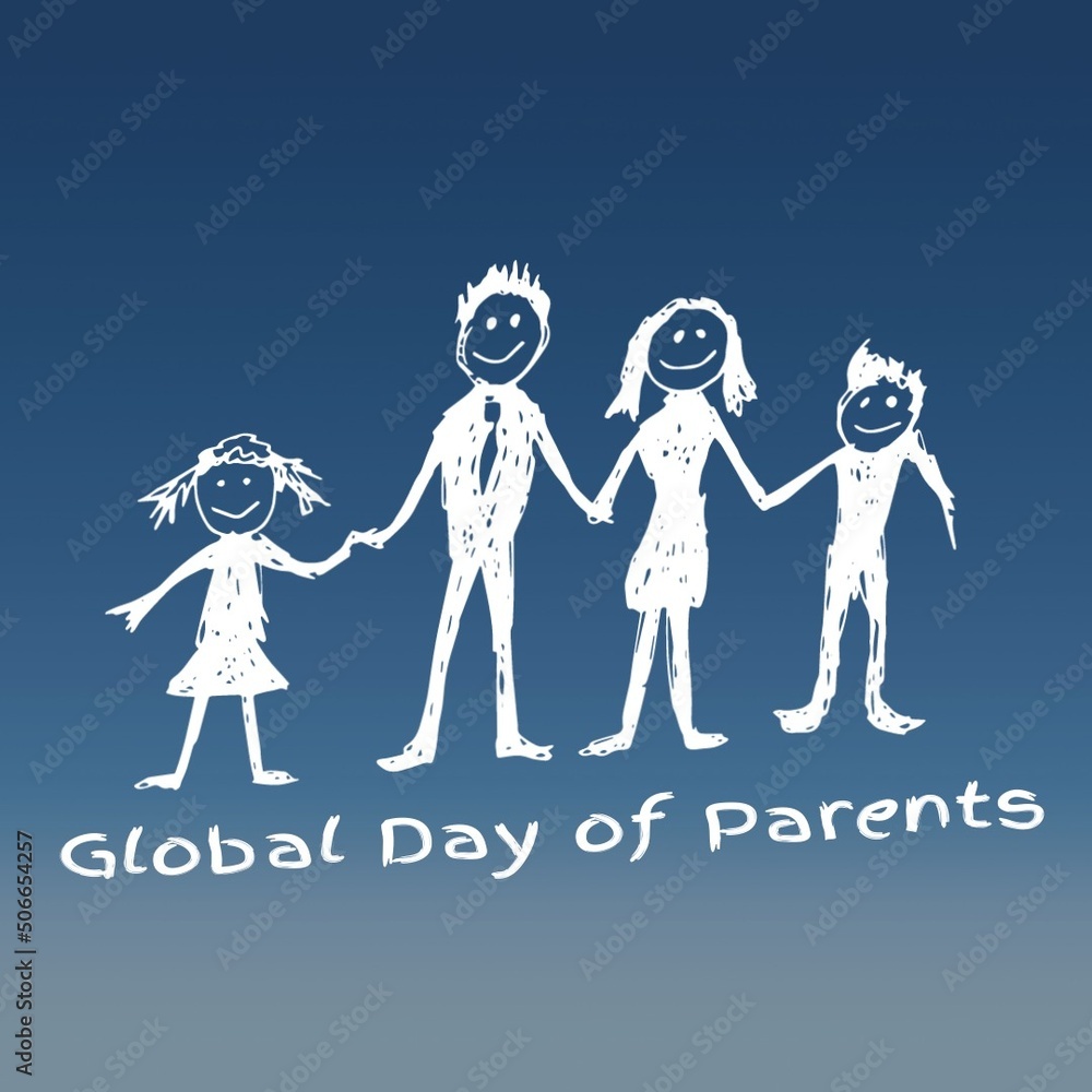 全球父母日的数字合成图像，家人在蓝色背景下牵手发短信
