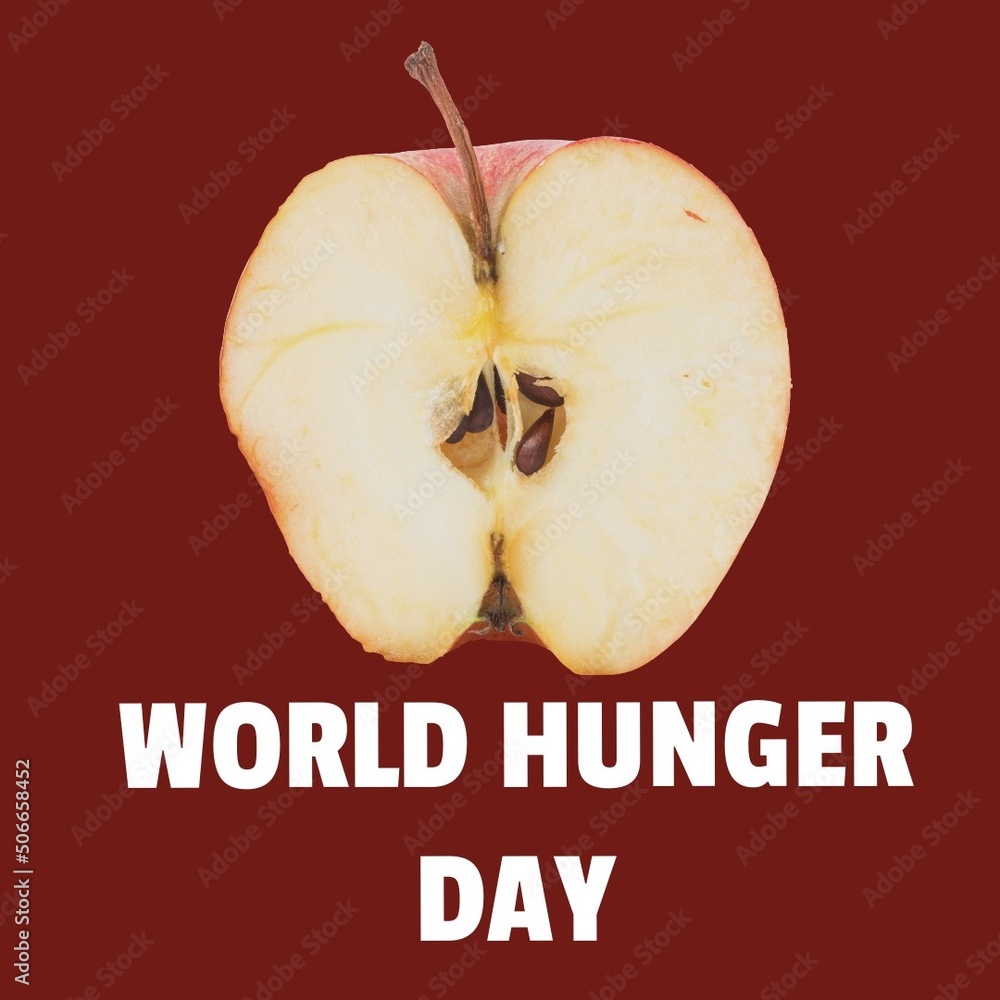 Digital composite image of halved apple with world hunger day text on brown background, copy space