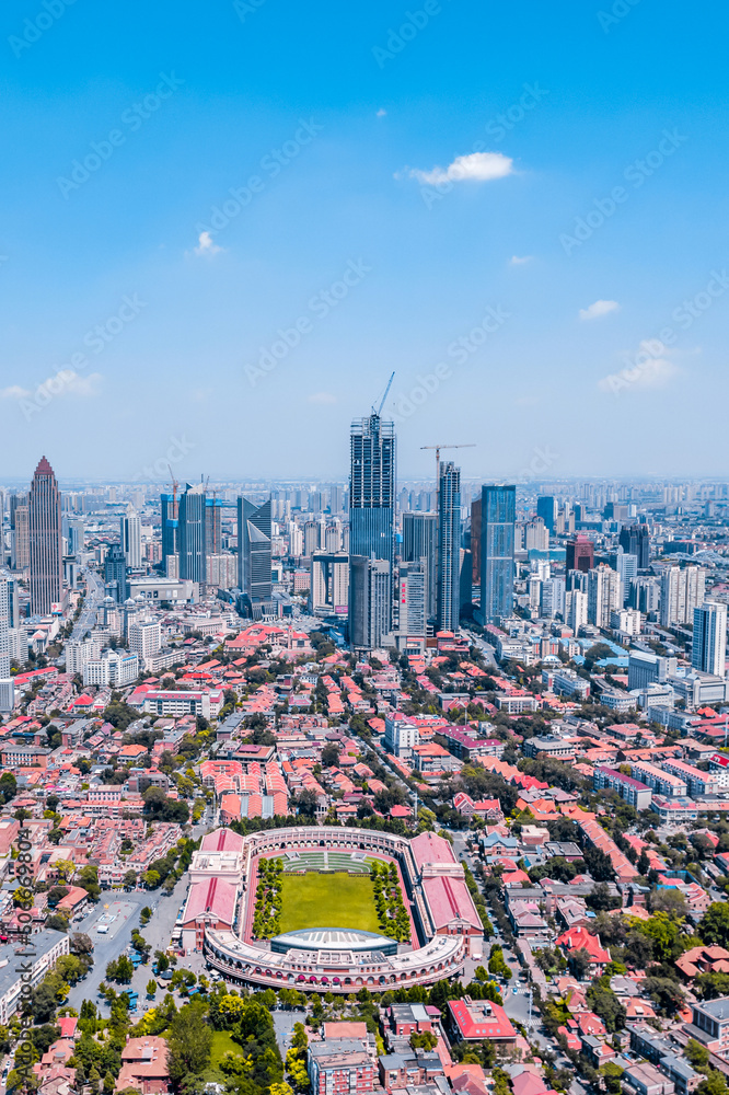 Aerial shot of Minyuan Square and city skyline on Fifth Avenue in Tianjin, China