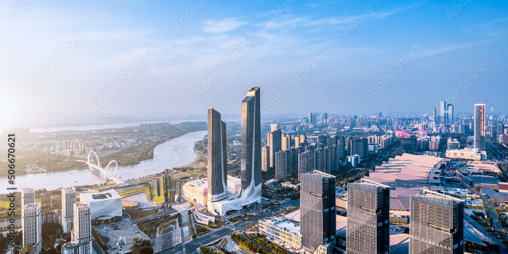 航拍南京青奥中心和南京眼桥的城市天际线