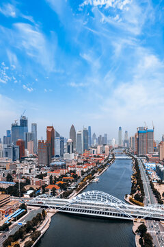 Aerial photography of the city skyline of Haihe Zhigu and Zhigu Bridge in Tianjin, China