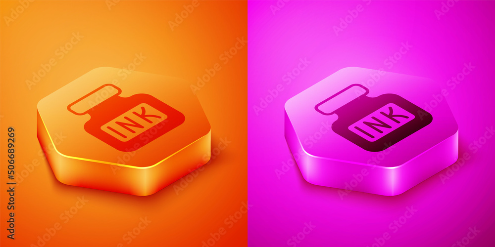 等距墨水井图标隔离在橙色和粉色背景上。六边形按钮。矢量