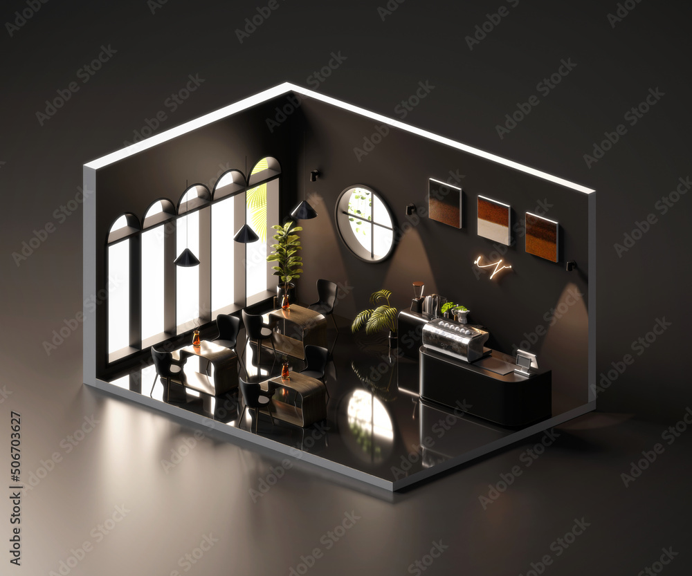 室内建筑内开放的等距视图黑色最小咖啡馆商店，3d渲染数字艺术。