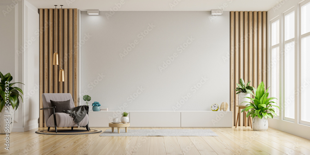 客厅的白色石膏墙，配有扶手椅和配件，电视室。