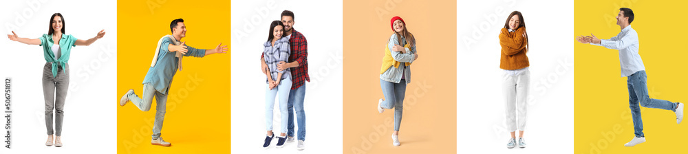 Collage with people opening arms for hug and hugging themselves on colorful background