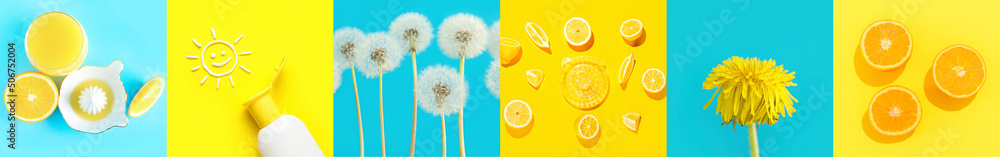 美味的柑橘汁、蒲公英花和防晒霜的夏日拼贴画，背景色彩缤纷