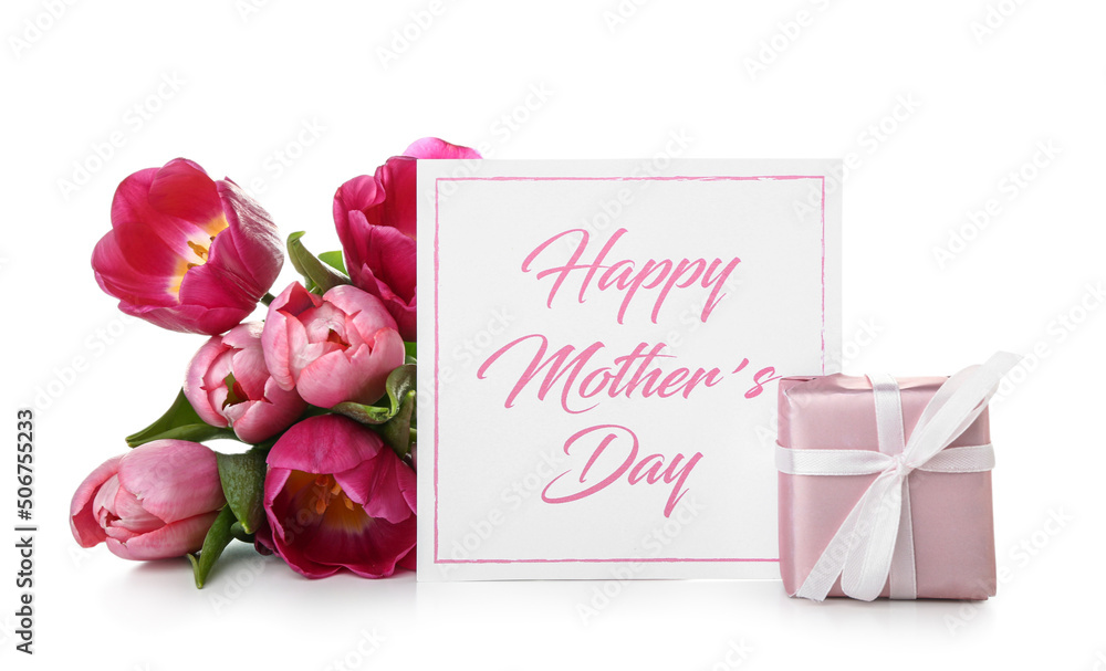 卡片，文字为母亲节快乐，粉色郁金香和白底礼盒