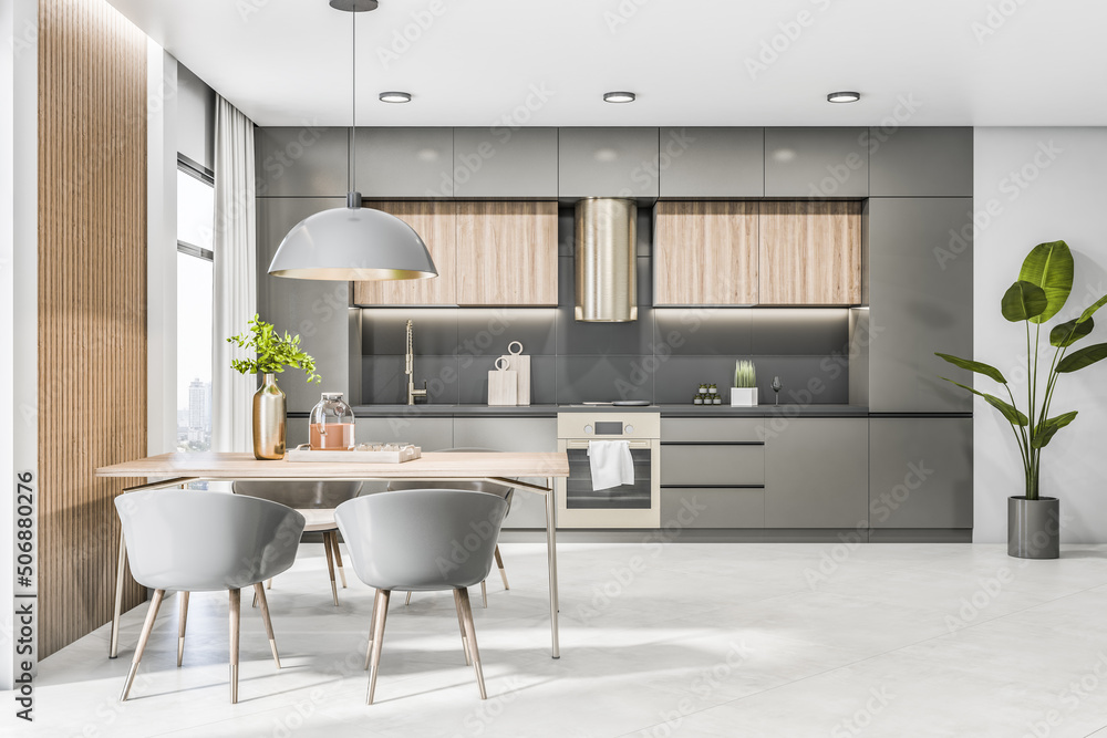 宽敞的现代灰色厨房用具和家具的前视图，顶部时尚的灯，陶瓷故事fl