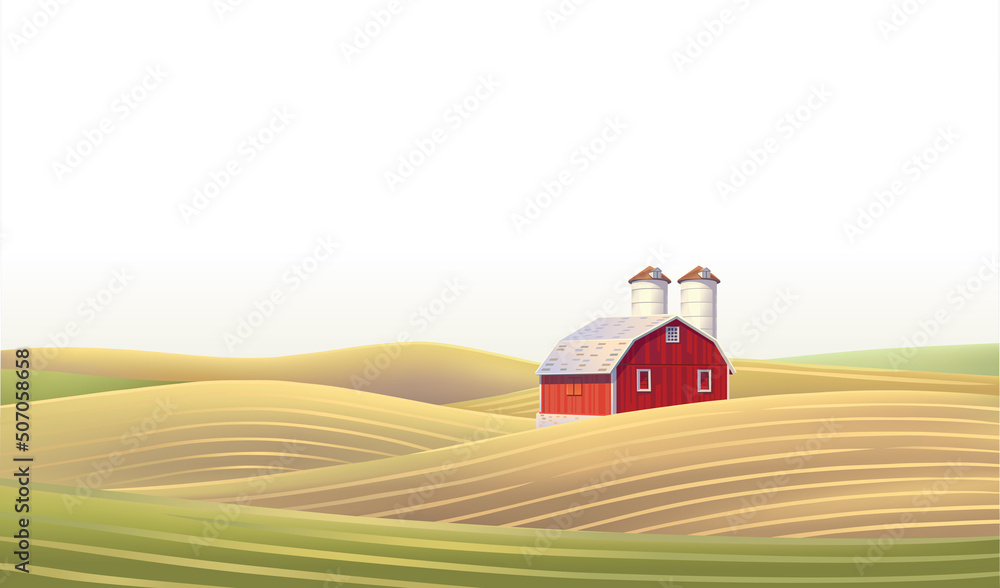 农场和农田的乡村景观。矢量插图。