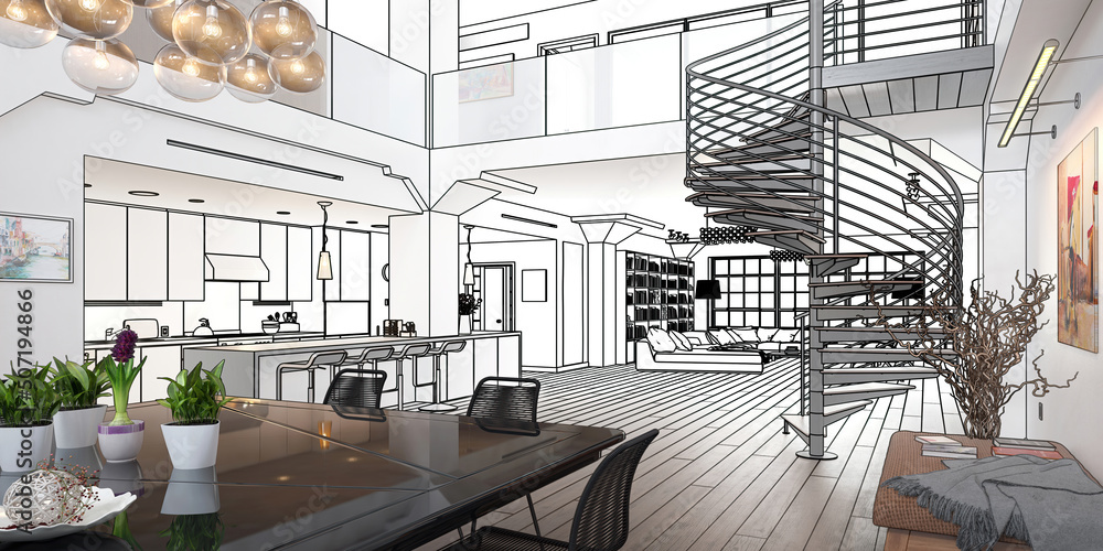 带螺旋楼梯和家具的现代Mansarde公寓（规划）-全景三维可视化