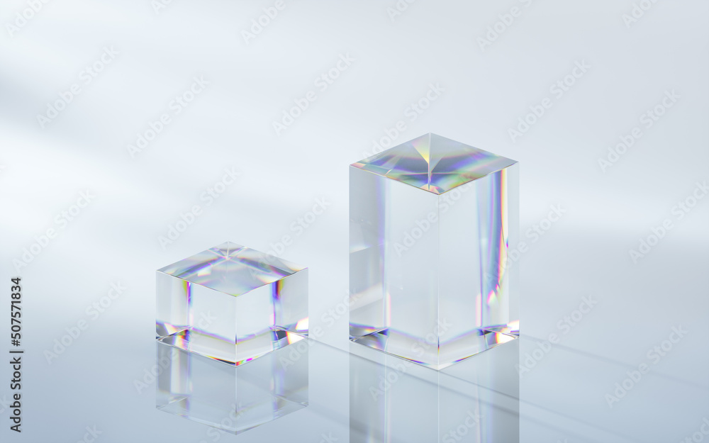背景明亮的玻璃立方体，三维渲染。