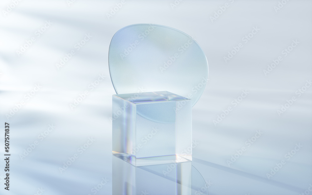 背景明亮的玻璃立方体，三维渲染。