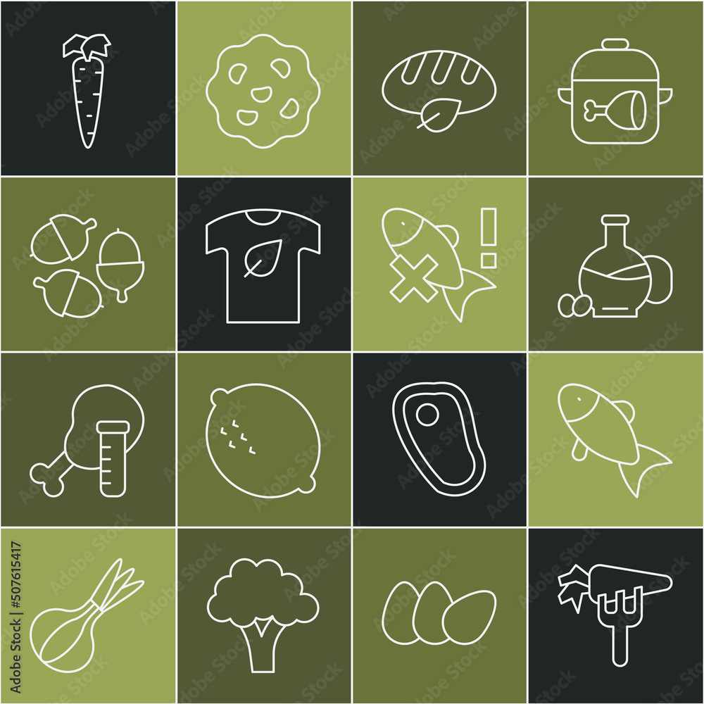 Set line Carrot, Fish, Bottle of olive oil, Vegan bread loaf, shirt, Acorn, and No fish icon. Vector