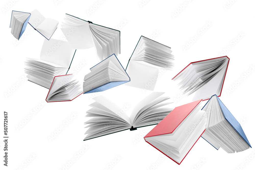 Many flying books isolated on white