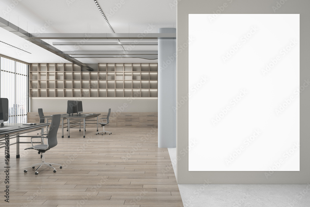Modern wooden and concrete office interior with desk partition and equipment, window with city view 