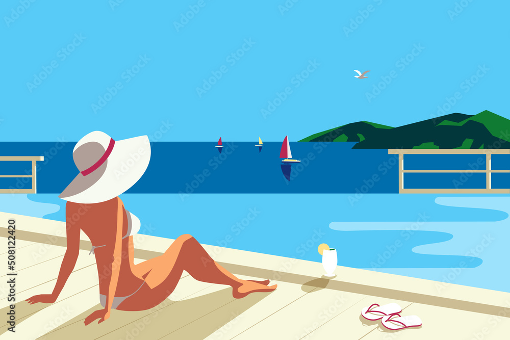 海滨休闲放松旅游度假矢量海报。游泳池里的女性欣赏海洋景观。Blu
