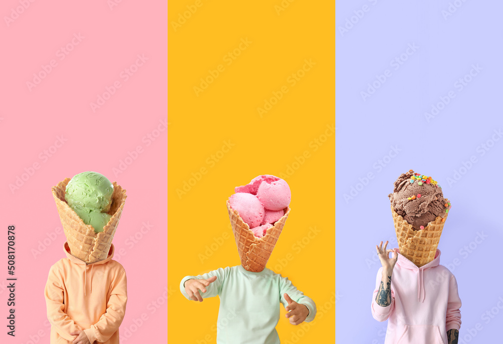 一群男人拿着美味的冰淇淋，而不是他们的头放在五颜六色的背景上
