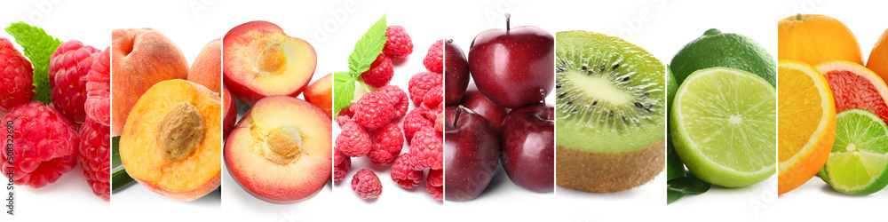 白色背景下的甜熟水果和浆果拼贴