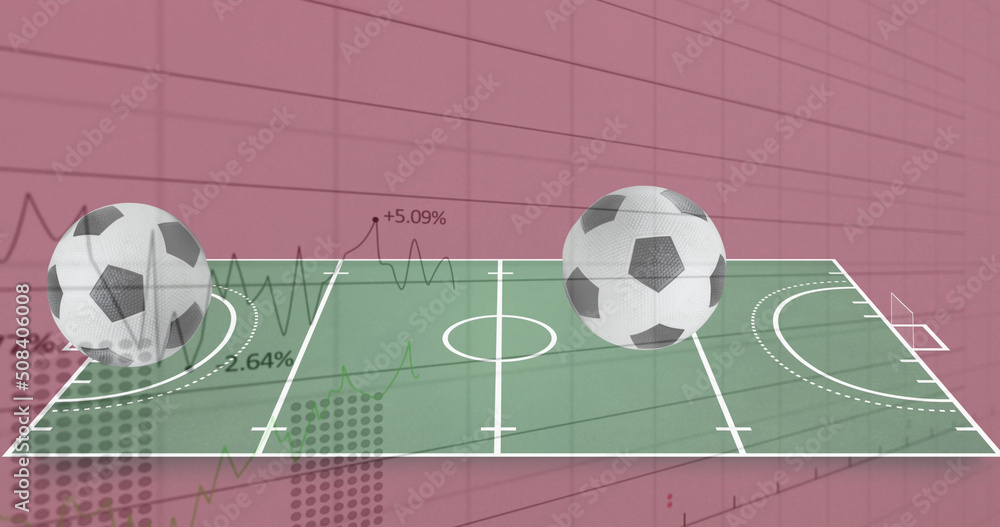 红色背景下多个足球落在足球场上的统计数据处理