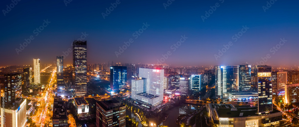 中国苏州市现代建筑航拍夜景