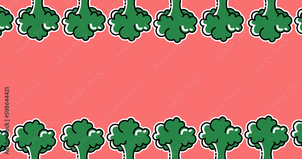 两排绿色西兰花在粉色背景的顶部和底部移动的图像