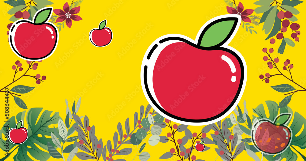 黄色背景下带浆果和叶子的微笑的红苹果图片