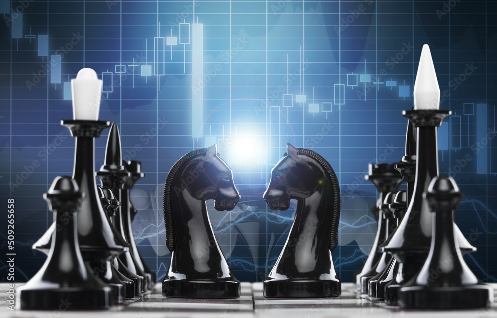 双重曝光棋盘策略游戏作为商业挑战和股市图表背景。