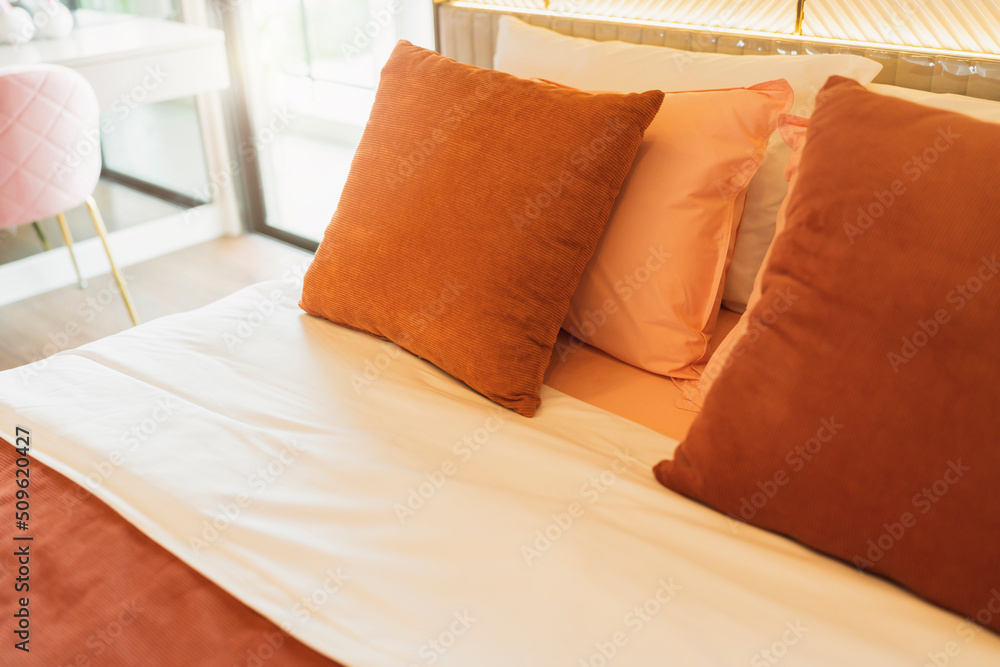 bedroom interior design close up,home interior concept soft pillow arrange on king size white blanke