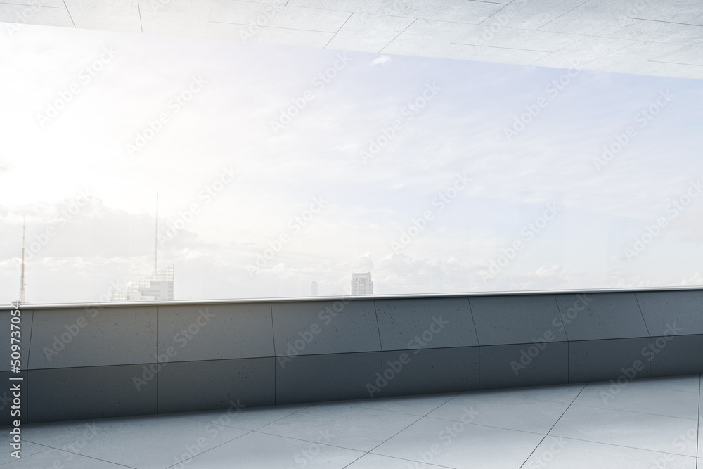 豪华混凝土开放空间阳台内部，带有空白模型，用于您的广告，全景图