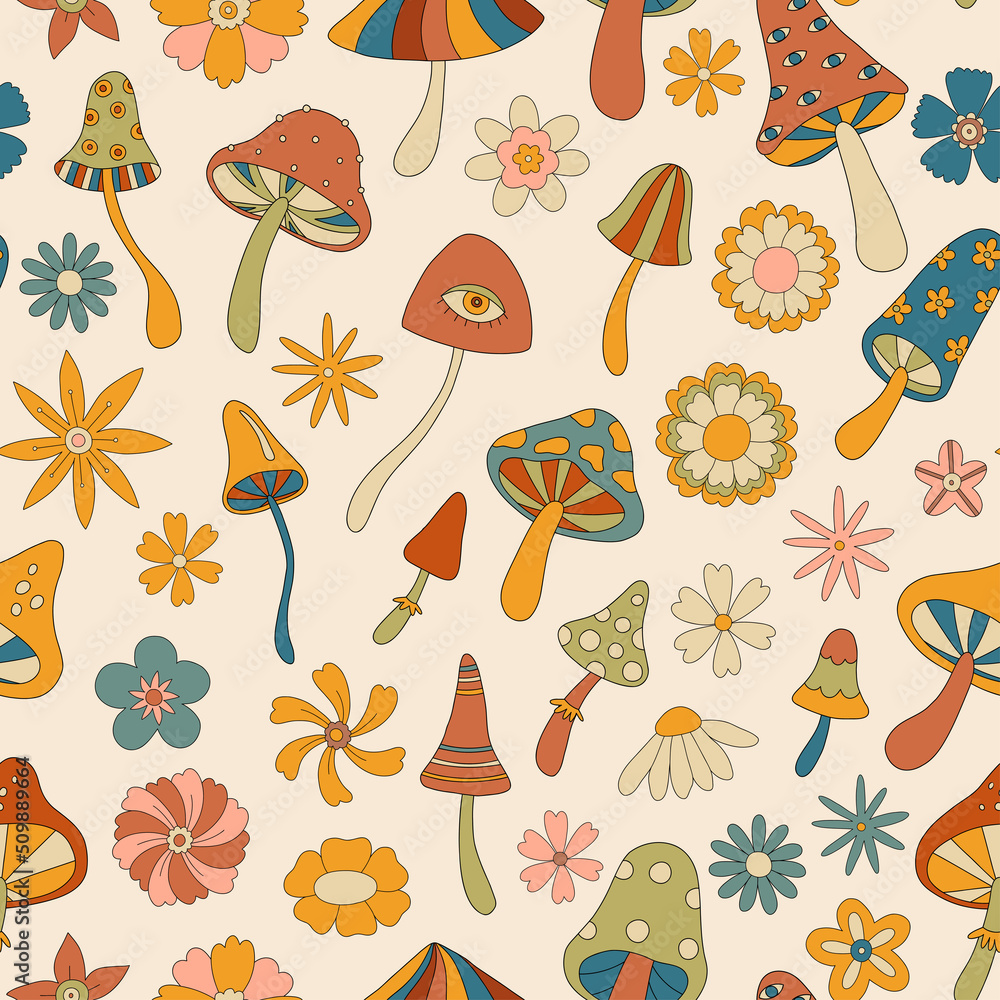 无缝图案，复古蘑菇和花朵。神奇蘑菇、飞木耳、雏菊。复古70年代至60年代