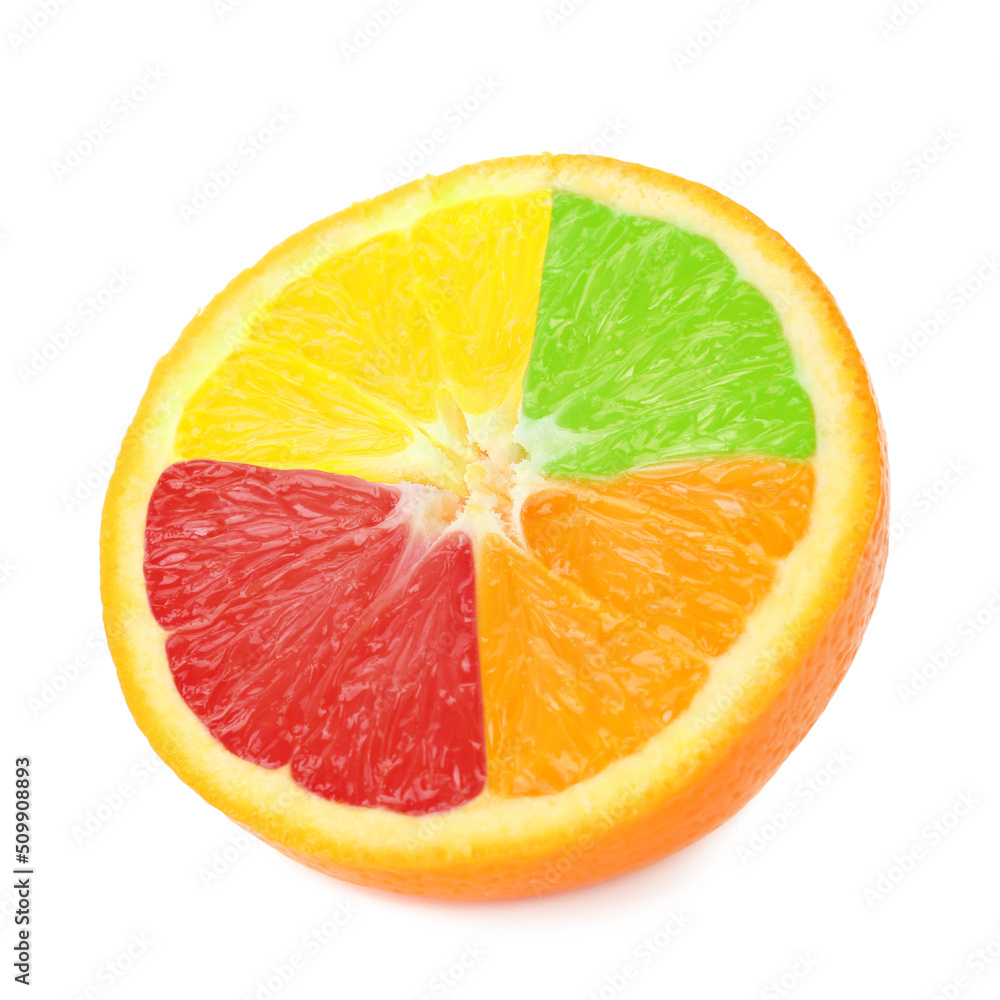 白色背景下不同多汁柑橘类水果的拼贴