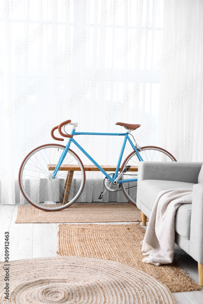 客厅大窗户附近舒适的沙发和自行车