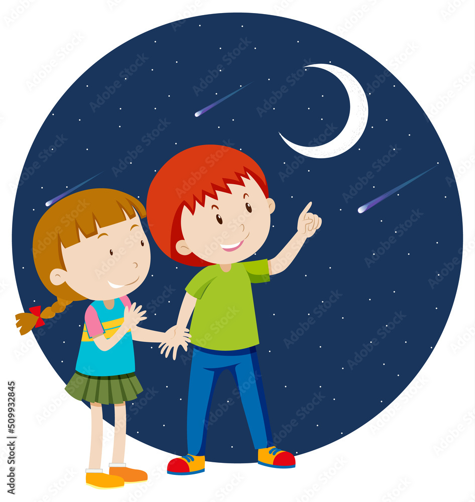 快乐的孩子们指着月亮