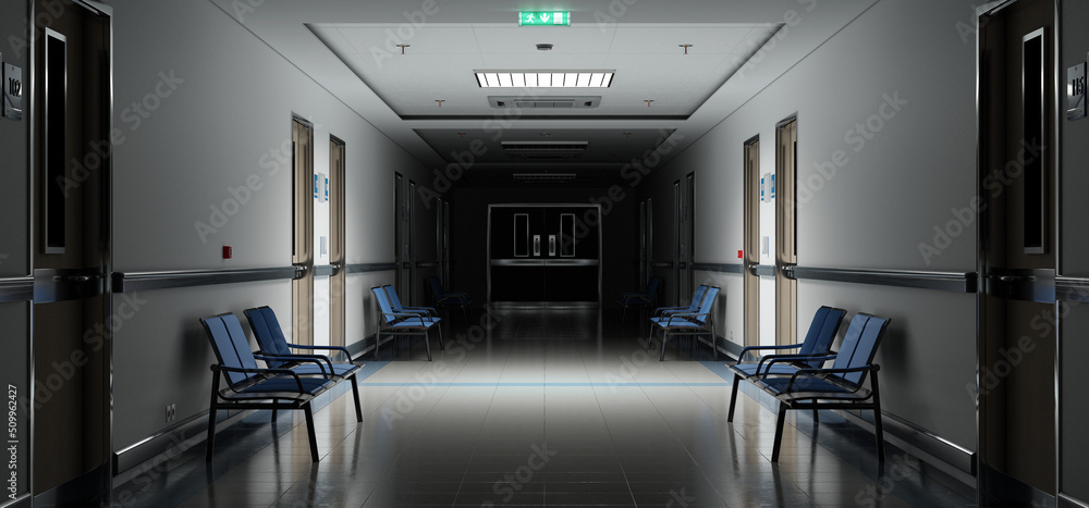 长而黑暗的医院走廊，配有房间和座椅3D渲染。空的事故和急诊室内